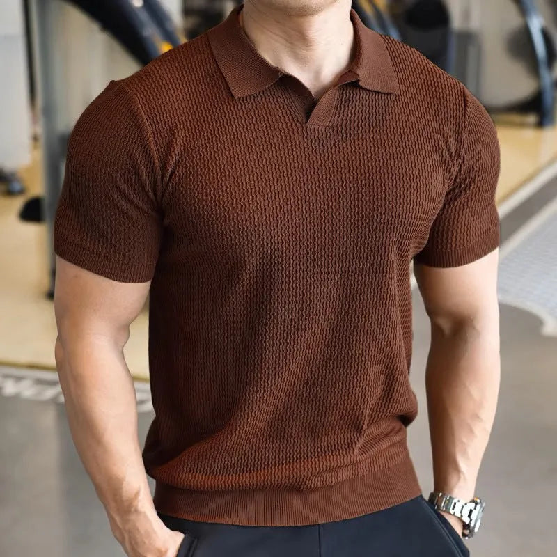 Men's button-down henry collar polo shirt in slim fit, shown in a solid colour.