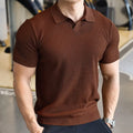 Men's button-down henry collar polo shirt in slim fit, shown in a solid colour.