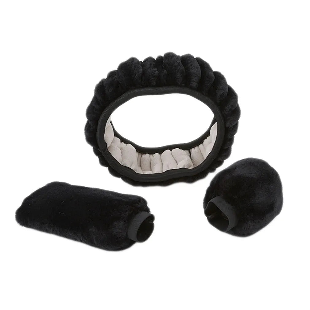 Plush car steering wheel cover set with matching gear shift and handbrake covers in multiple colour options