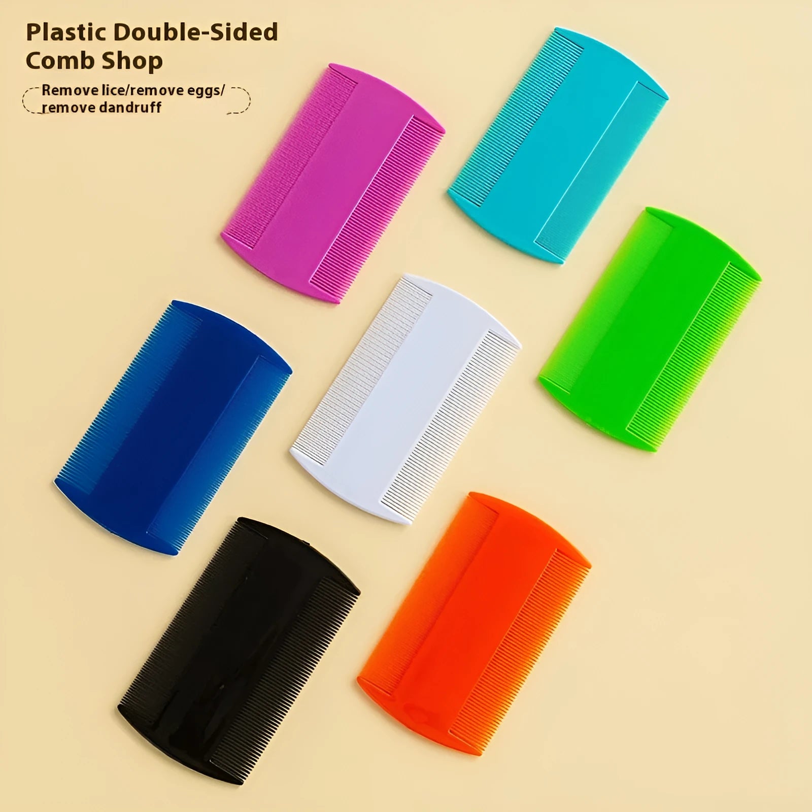 White dual-edge fine-toothed plastic comb for removing lice and fleas, shown on a blue background.