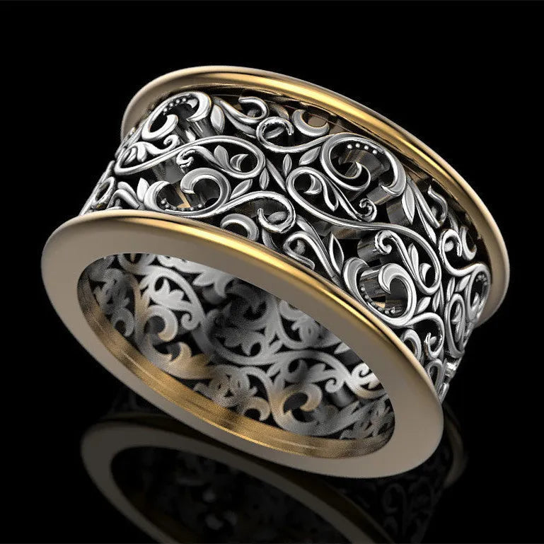 Creative retro hollow pattern alloy men's ring in black gold colour separation