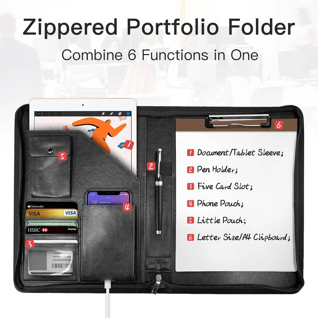 Waterproof PU leather zipper buggy bag for loose-leaf planners in black with sewing thread details, 34x25.5x3cm