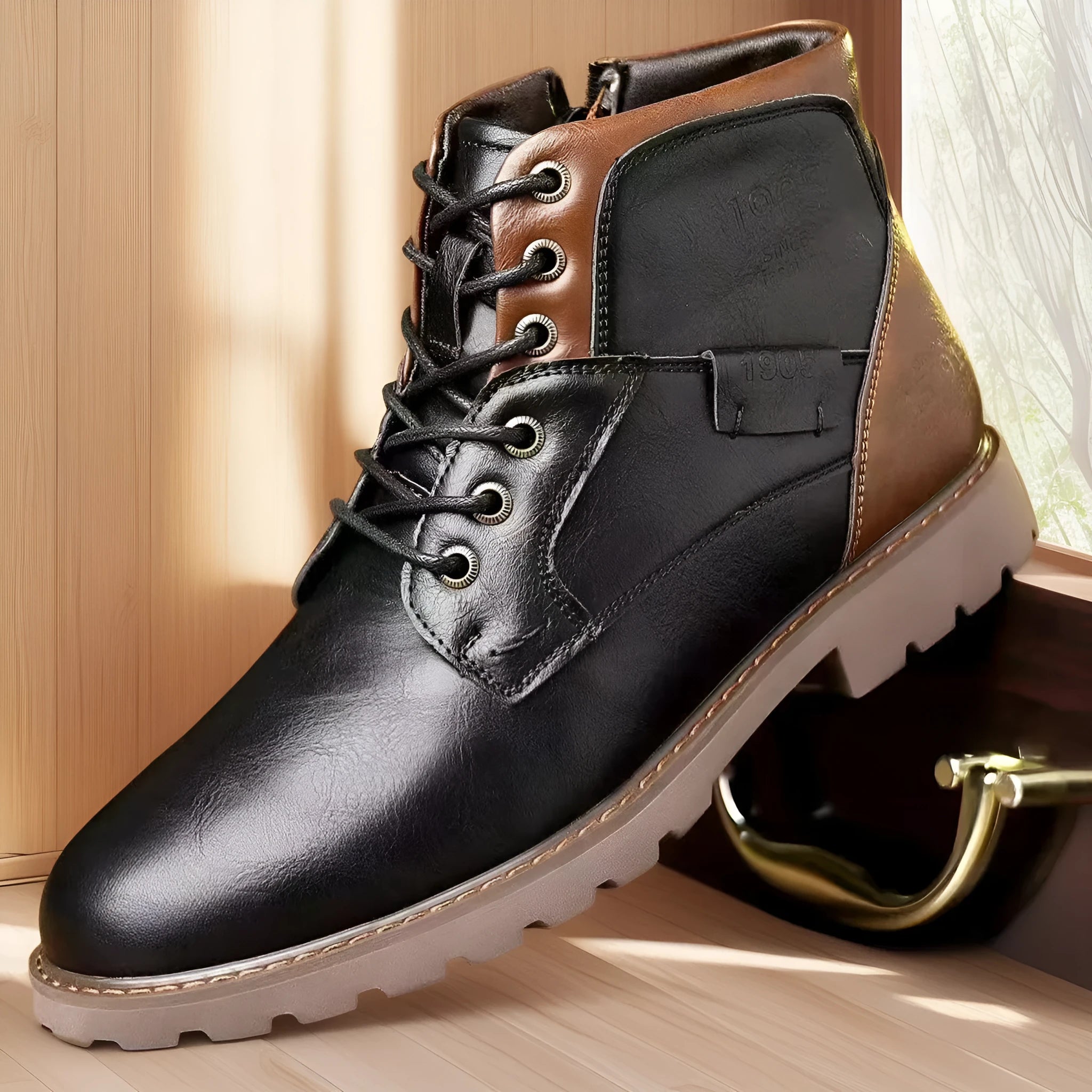 Men's brown Martin ankle boots with side zipper and rubber sole