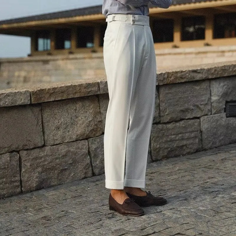 Men's slim fit polyester trousers in straight leg cut for summer formal wear