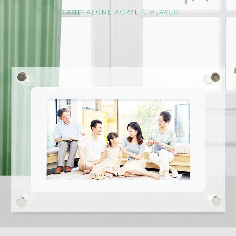 White acrylic digital photo frame with 5-inch vertical screen showing family photos