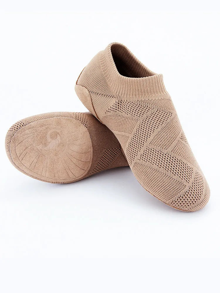 Camel colour Latin dance shoes with cotton mesh upper and leather sole for contemporary dance and yoga