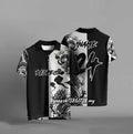 Black loose fit casual T-shirt with a 3D digital printed design on the front, showing short sleeves.
