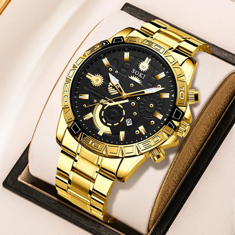 Men's gold stainless steel business quartz watch with date display on a metal bracelet.
