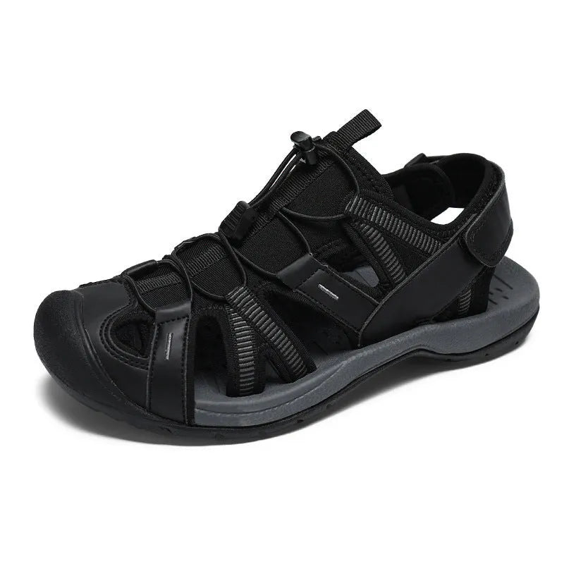 Men's blue and black casual sports shoes with Velcro strap and mesh upper on a rubber sole.