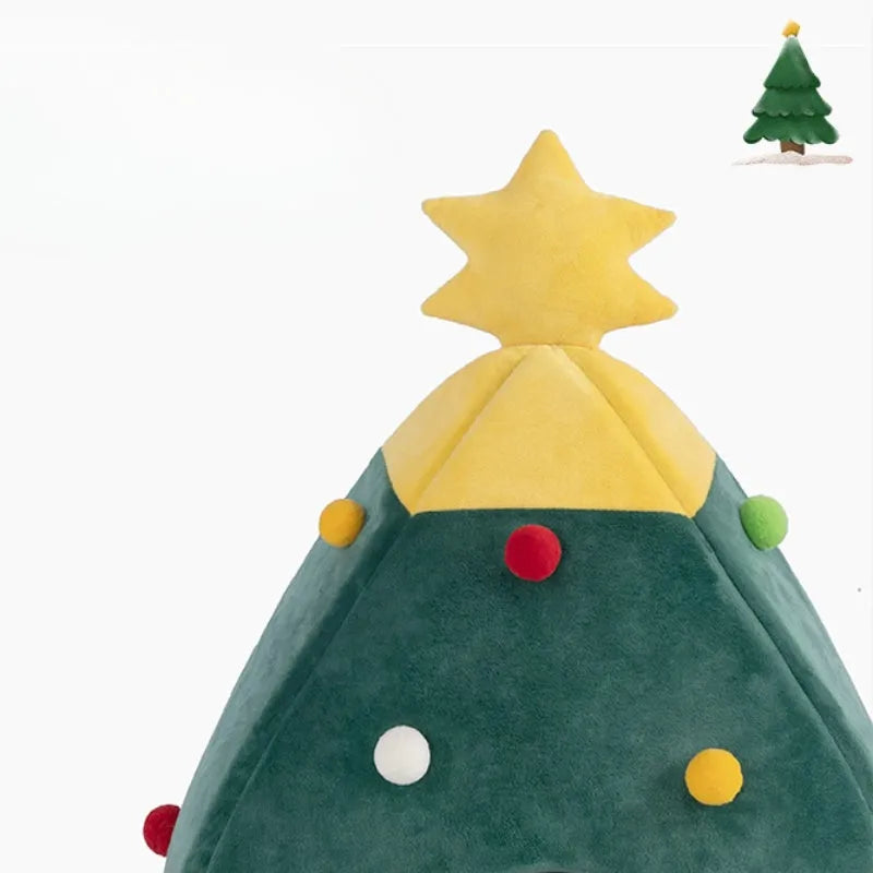 Plush teddy pet bed in Christmas tree cave shape with detachable and washable cover