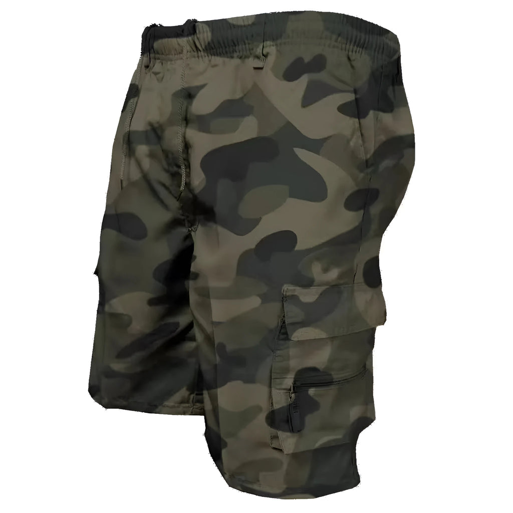 Men's cotton summer shorts in khaki colour with multiple pockets and drawstring waist