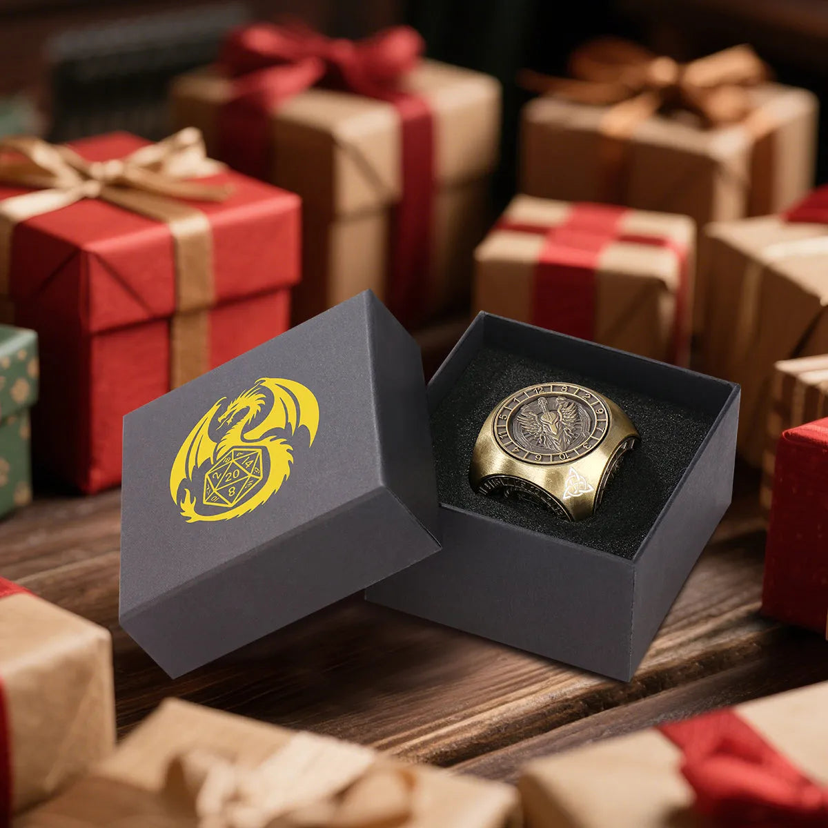 6-pack retro metal dice wheel gift box set with bronze, dark silver, and black finishes on a tabletop