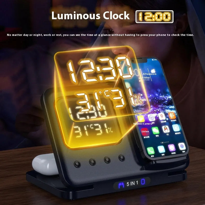 Black and white wireless charging dock station with digital clock display charging a phone, watch and headphones