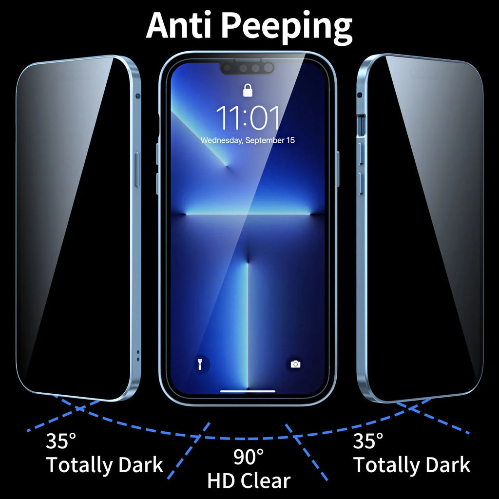 Black magneto double sided metal phone case for iPhone models on a flat surface.