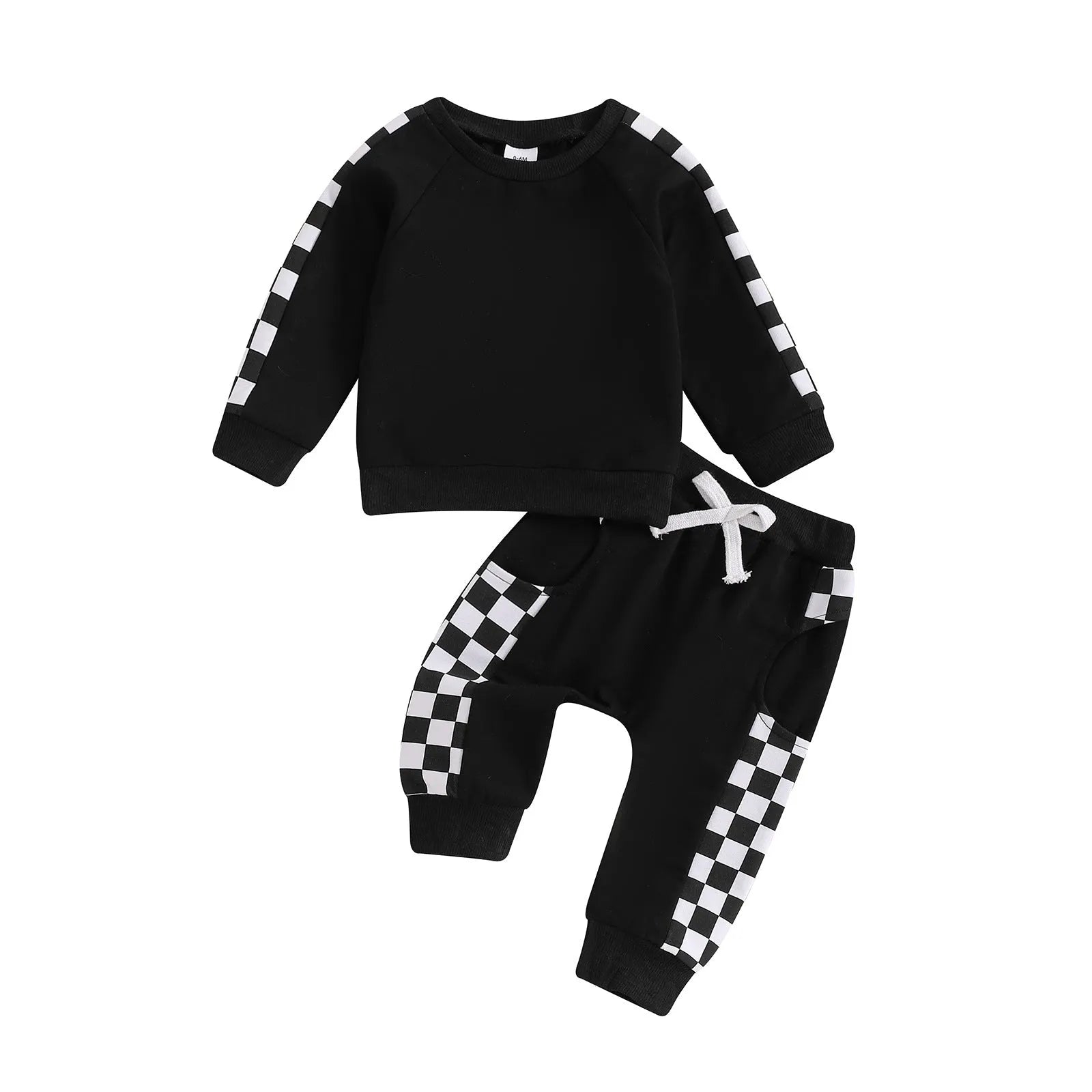 Checkerboard printed baby suit with letters in pink, blue, purple, black – two-piece top and pants set for toddlers
