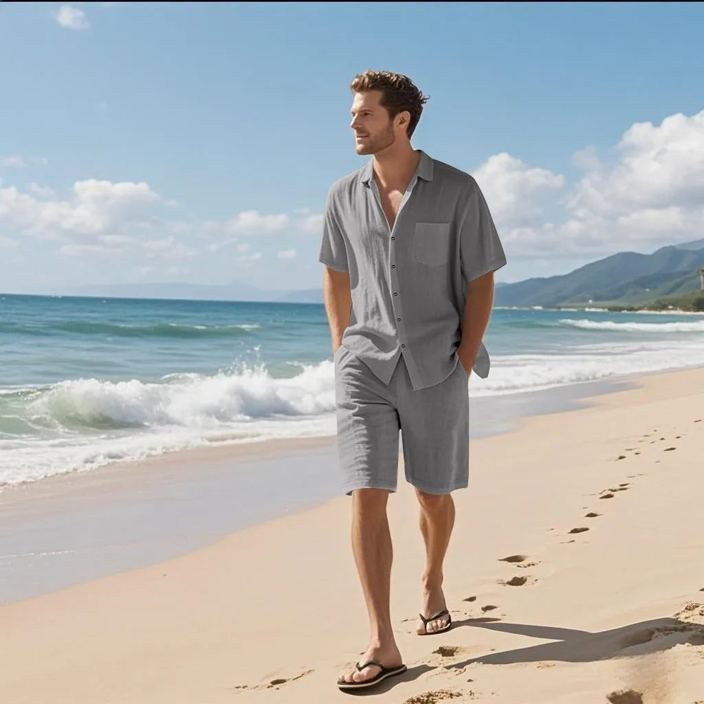 Linen blend short sleeve shirt and elastic waist shorts set shown in light blue colour.