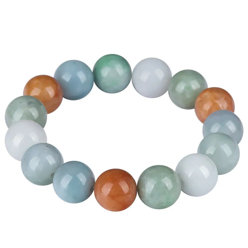 Women's bracelet with round three-colour jade beads, certificate visible.