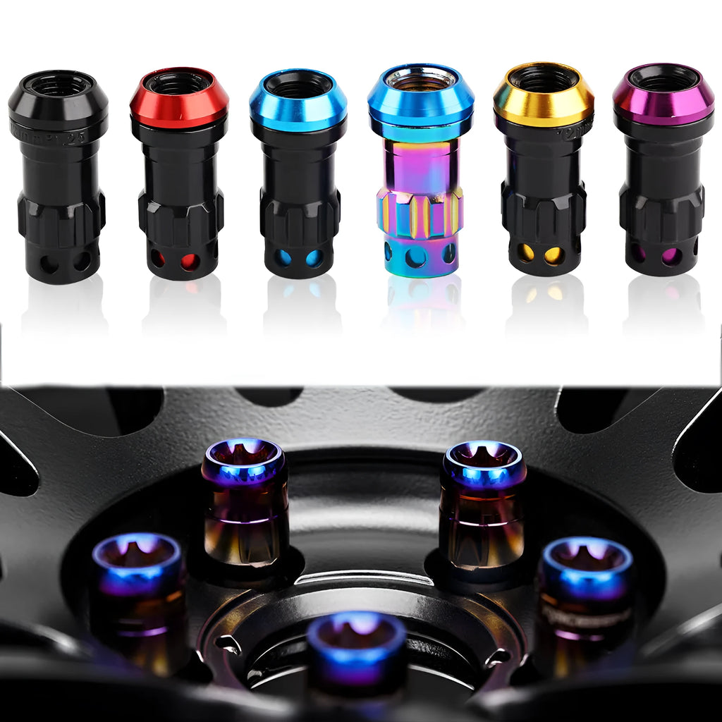 Set of aluminium alloy wheel hub nuts in multiple colour options including black, red, gold, blue, and purple finishes