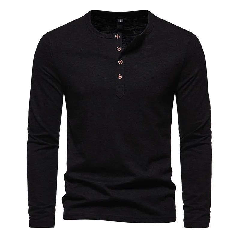 Men's bamboo cotton long sleeve t-shirt with four-button Henry collar in solid colour, front view