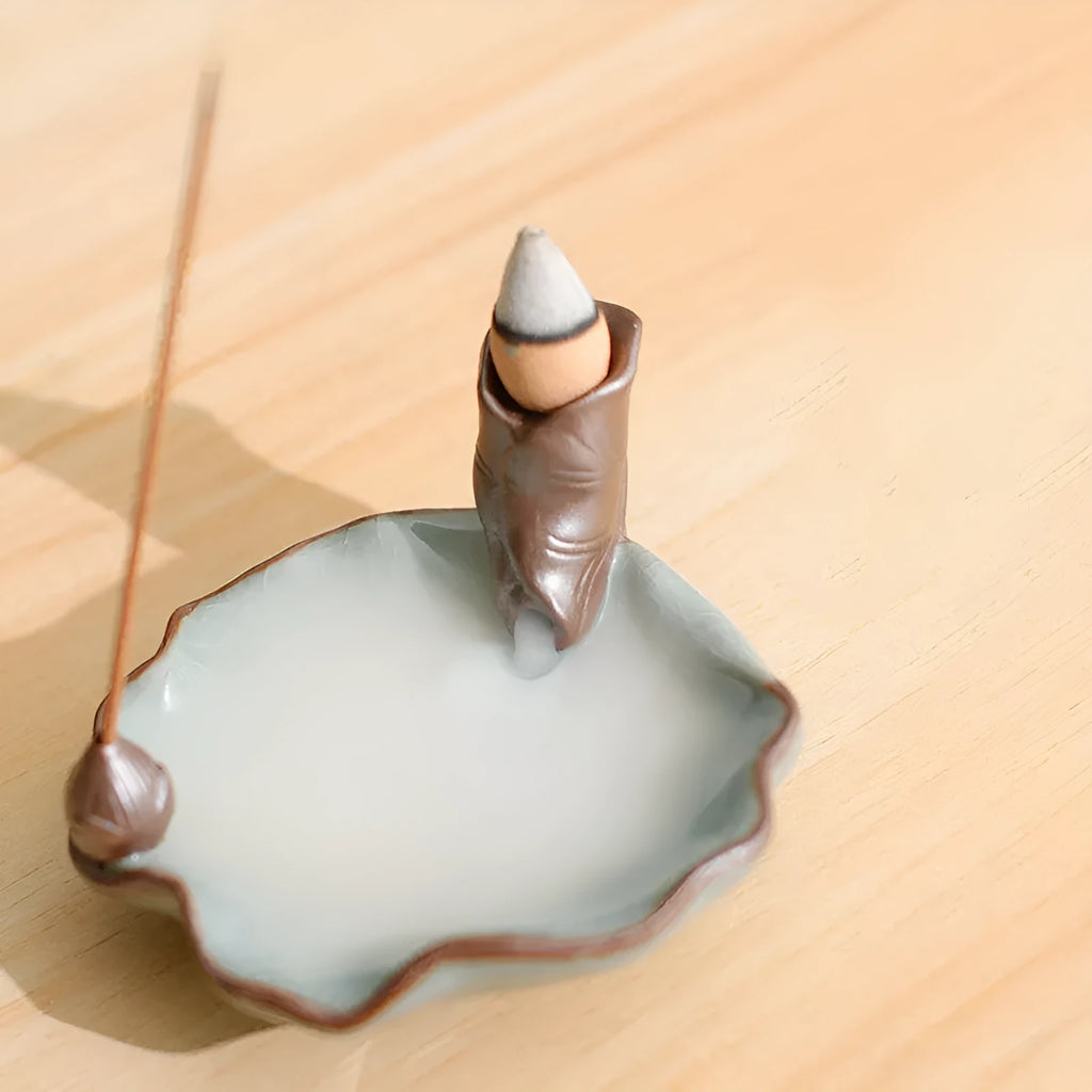 Square purple clay ceramic reverse flow incense burner with lotus and plum blossom good luck patterns
