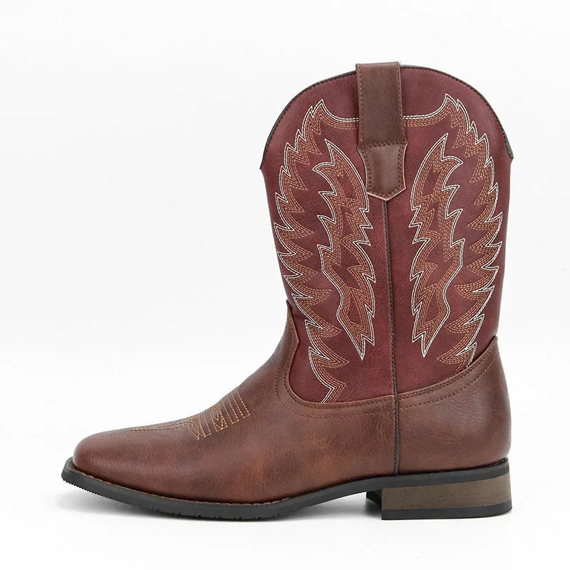 Men's Western denim square toe motorcycle boots in retro style with low wedge heel and artificial leather upper