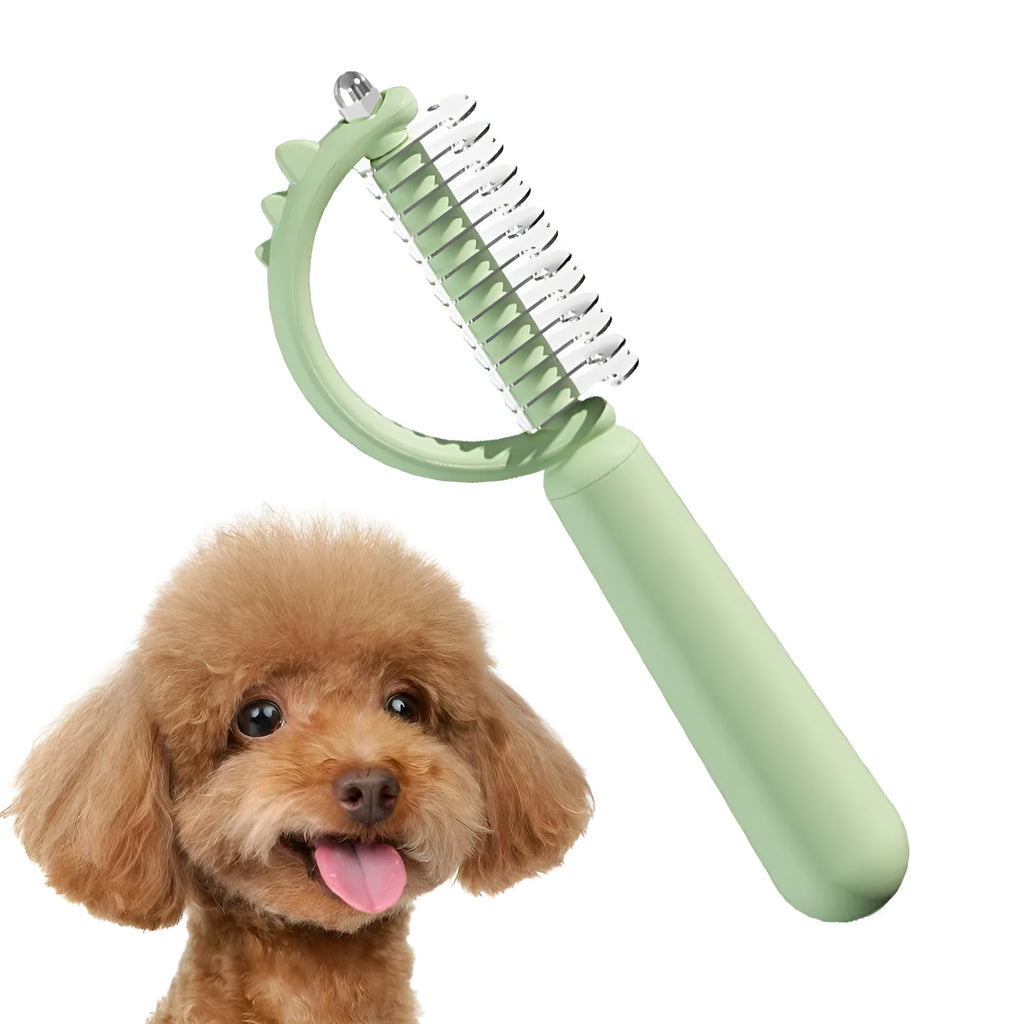 Blue dinosaur-shaped self-cleaning cat grooming brush with double-sided stainless steel pins