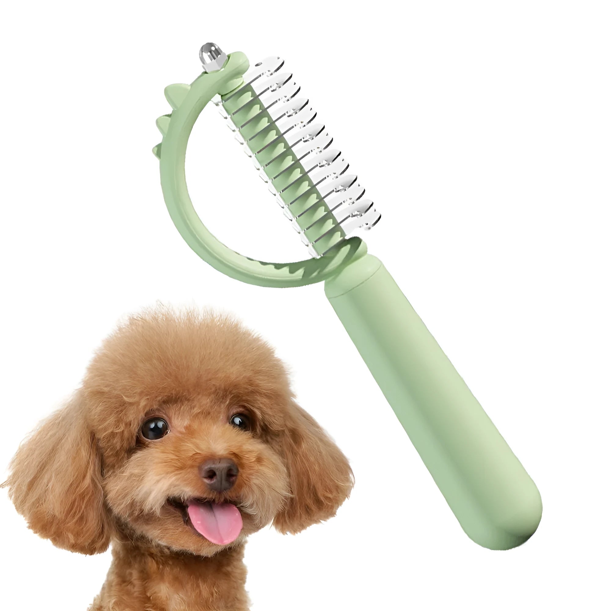 Blue dinosaur-shaped self-cleaning cat grooming brush with double-sided stainless steel pins