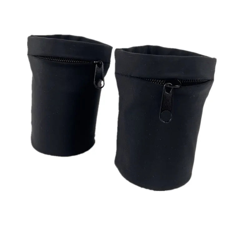 Compact black wrist bag armband sleeve for phone, shown with OPP packaging, dimensions 10cm by 10.5cm.