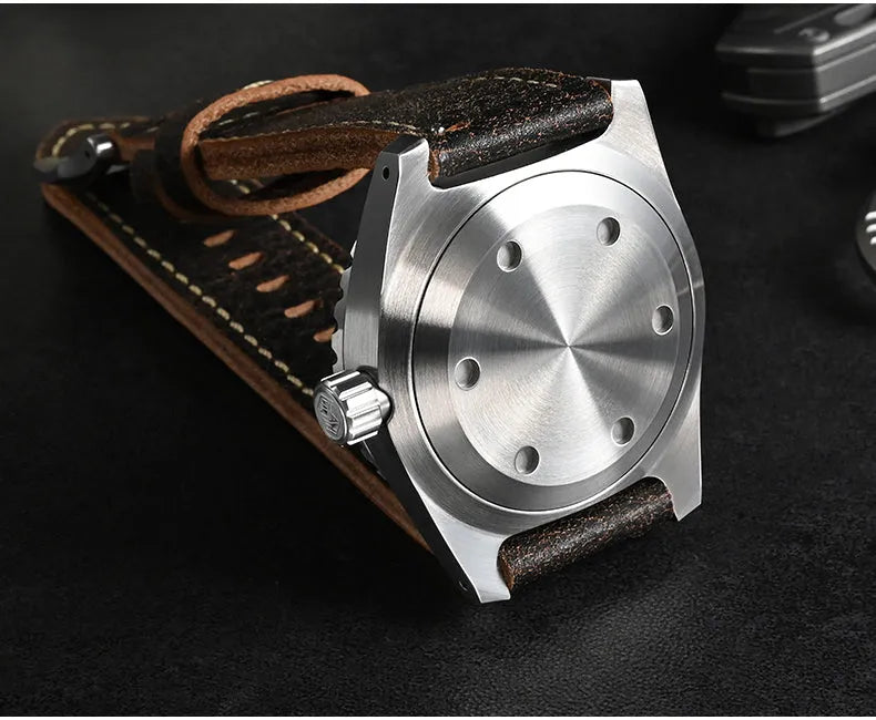 Men's 316L stainless steel diving automatic mechanical watch with black dial, luminous markers, and cowhide strap on white background