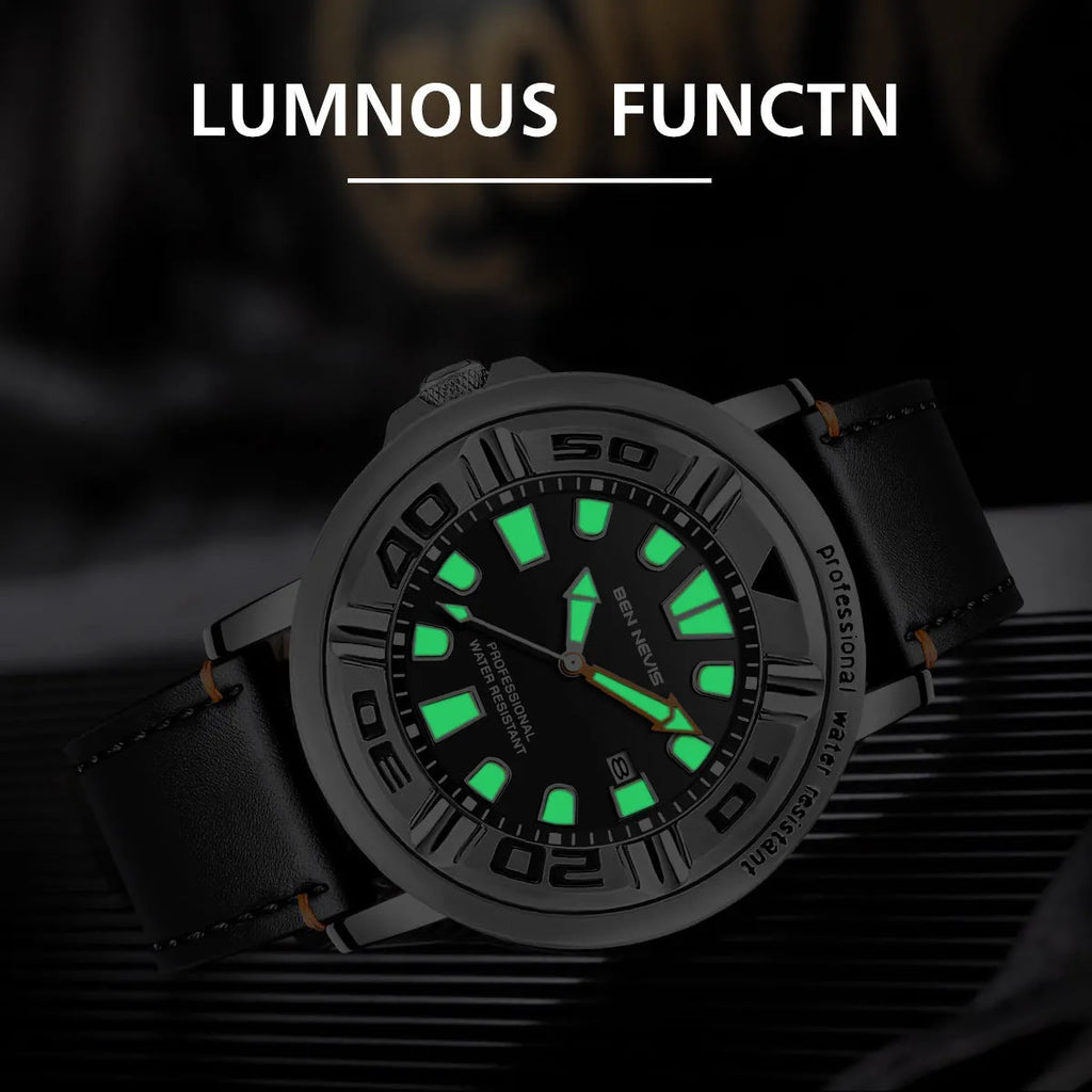 Business men's quartz watch with blue dial, 48mm, luminous hands, and calendar display