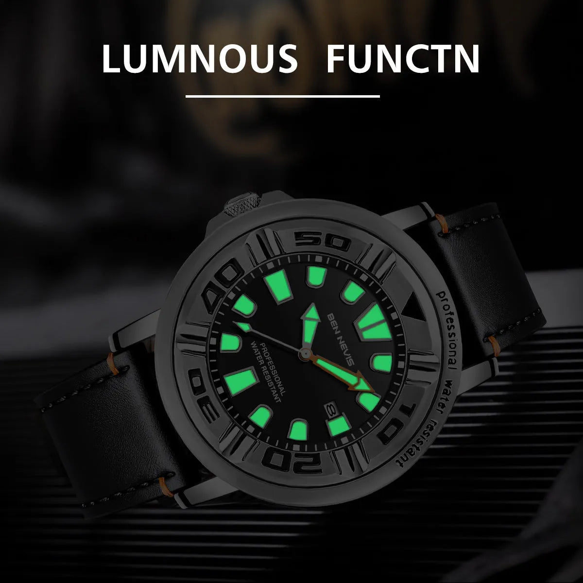 Business men's quartz watch with blue dial, 48mm, luminous hands, and calendar display