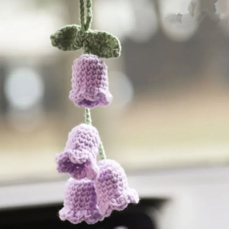 Green and white knitted car plant ornament with 8cm basin base and hanging rope for vehicle interiors