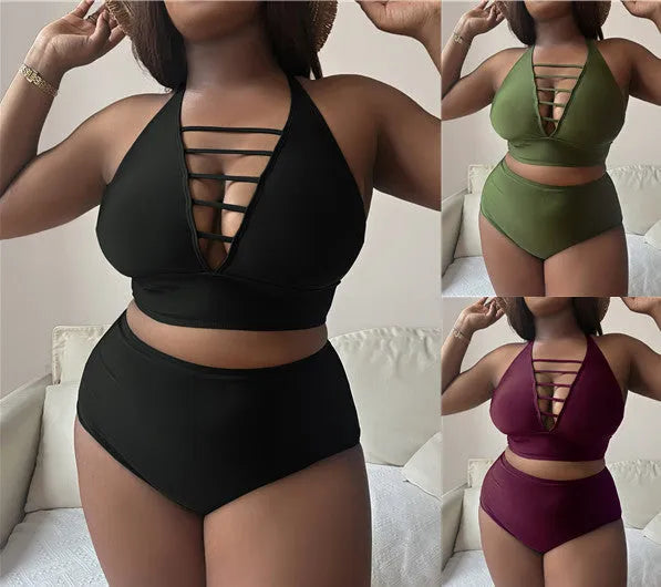 Plus size black halter bikini with cross back straps and high waist briefs on mannequin