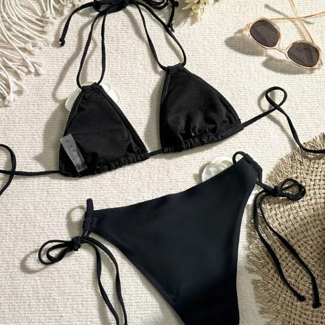 Black 3D flower pattern bikini swimsuit with drawstring waist and backless design