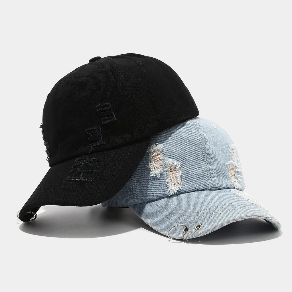 Men's denim peaked cap dome crown adjustable sunshade hat black white light blue jeans street hip hop style