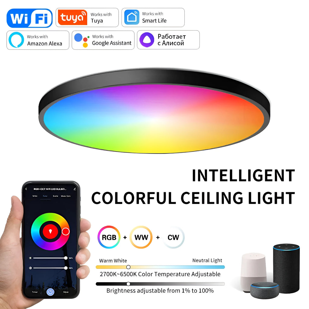 Graffiti WiFi smart ceiling light LED RGB CW WW 24W in white finish for bedroom or living room