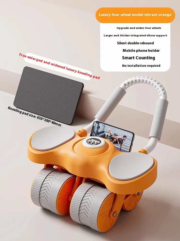 Abdominal exercise wheel with elbow supports in blue, orange, and black colour options.