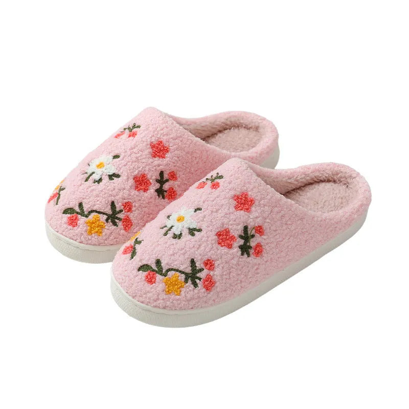 Three-colour flower cotton slippers with plush upper, embroidered detail and TPR sole in sizes 36-45