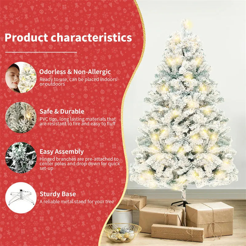Green and white snow-covered artificial PVC Christmas tree with metal stand