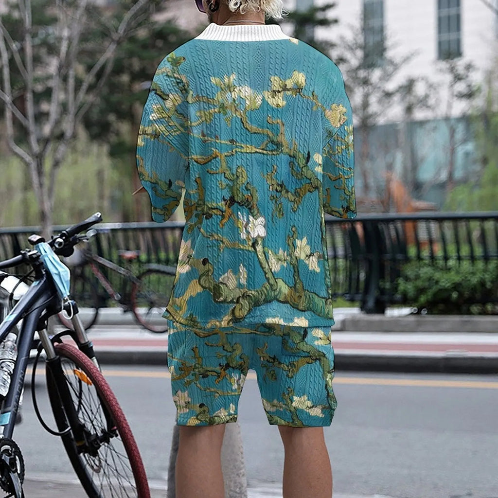 Men's peacock blue knitted shorts casual suit with a T-shirt top.