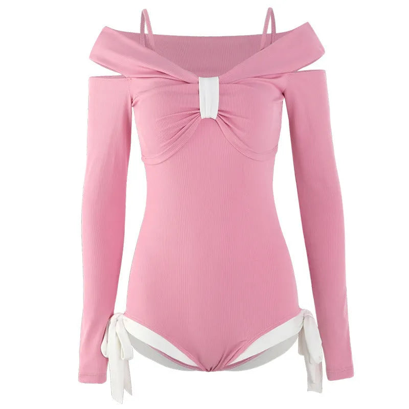 Women's long-sleeved one-piece swimsuit in polyester fabric, available in pink or black colours