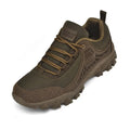 Men's hiking shoes in khaki, low top, PU mesh upper, non-slip platform sole, lace-up closure