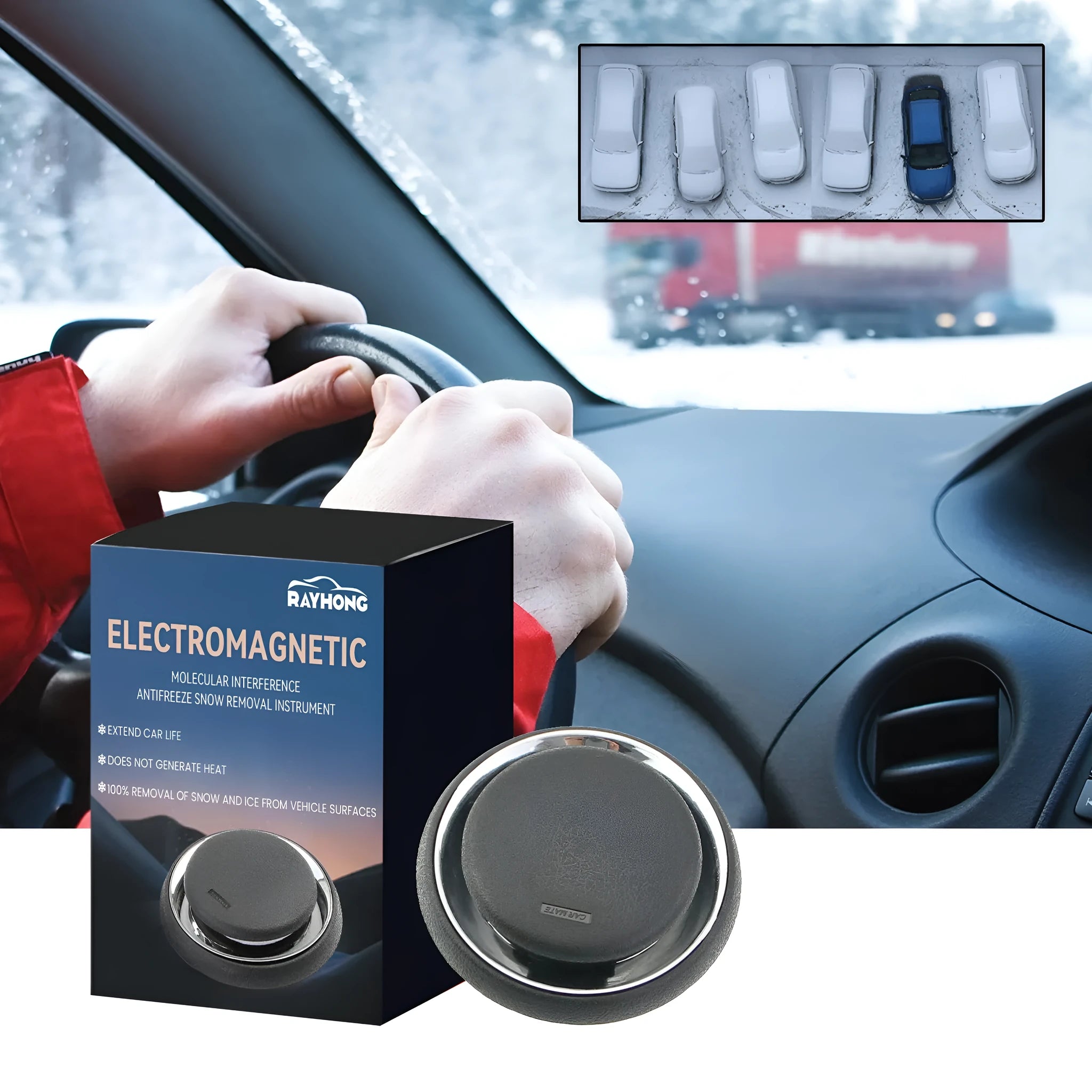 Black portable car deicing instrument for melting ice and snow on vehicle windscreens.