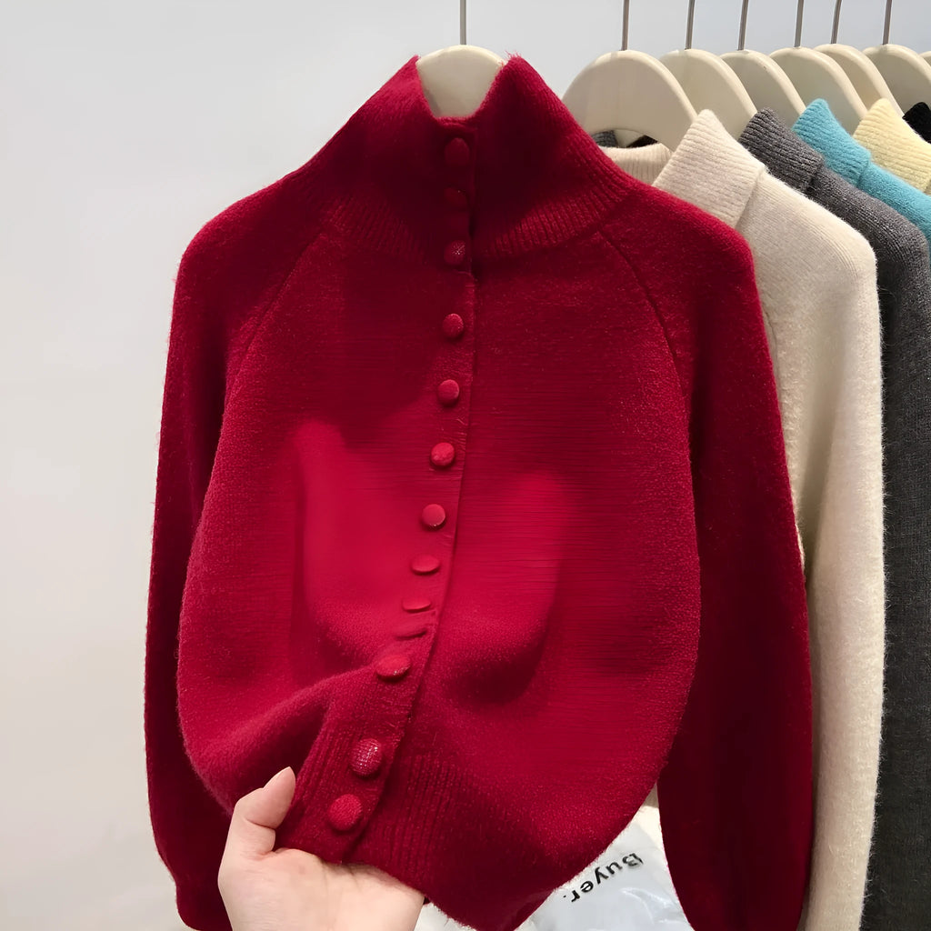 Women's turtleneck single-breasted cardigan, thick polyester knit, loose lazy style, apricot colour