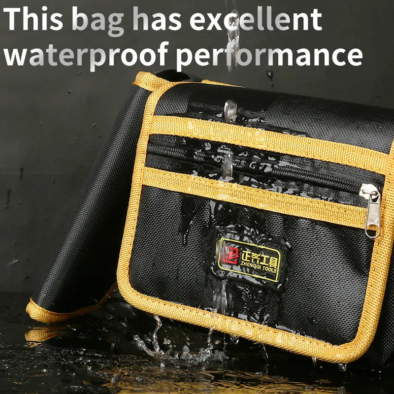 Yellow canvas electrician tool waist bag with belt for portable storage and repair use