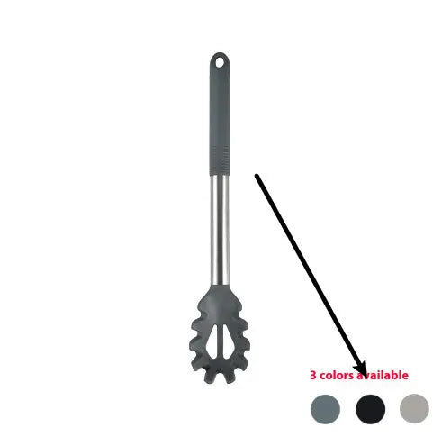 Silicone kitchen utensil set with twelve tools in a rotating white storage caddy on a counter.