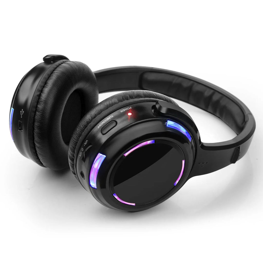 Black over-ear silent disco wireless headphones with 40mm drivers and a 3.5mm cable