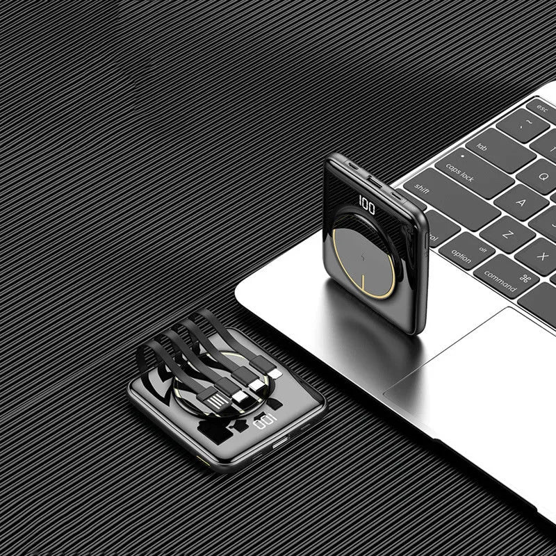 Compact square 20000mAh PD fast charging power bank with LCD screen in red, green, or black.