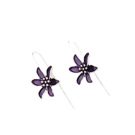Purple flower-shaped alloy earrings with electroplated finish