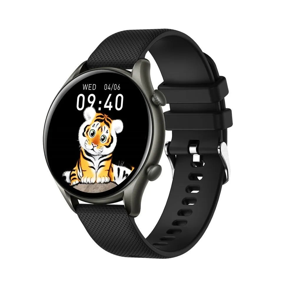 KT60 smart watch with 1.39-inch HD round IPS screen in black glue colour on a wrist showing the display